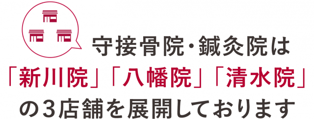 守接骨院・鍼灸院は新川院、八幡院、清水院の3店舗を展開しております。
